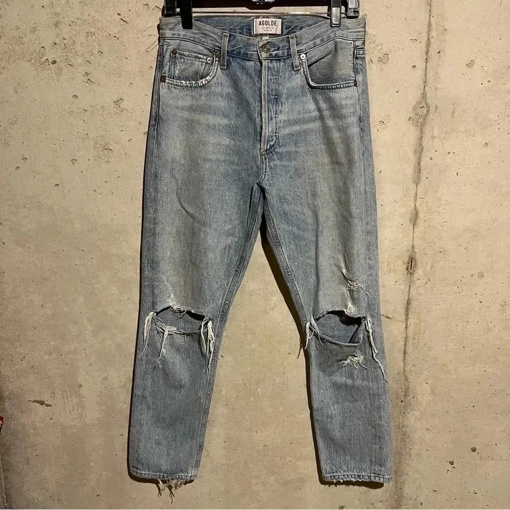 AGOLDE Jamie High Rise Classic Distressed Jeans Shakedown Light Blue Size 28